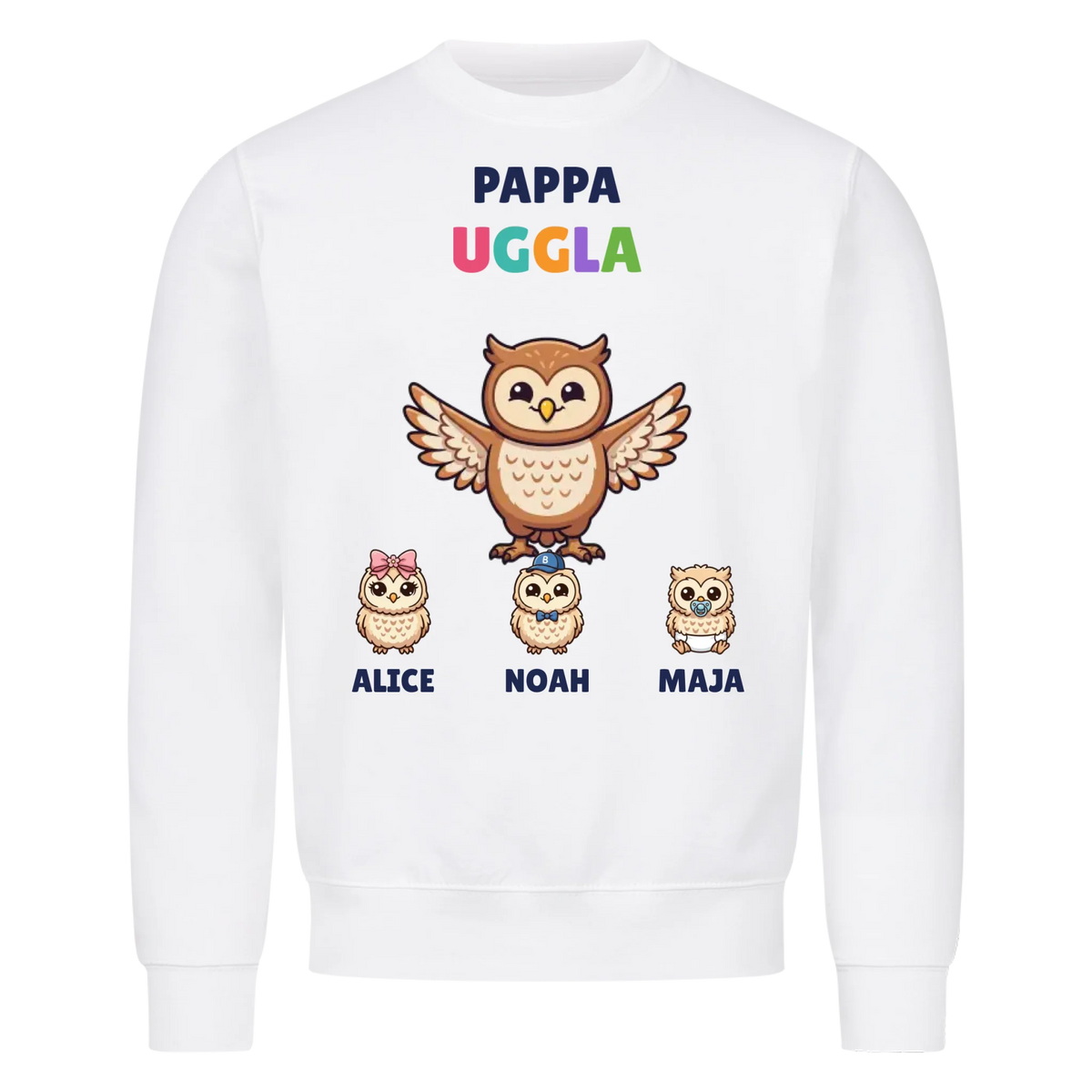 Pappa Uggla t-shirt med ugglepappa, barnens namn och små ugglor. Personlig present till pappa