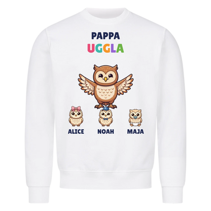 Pappa Uggla t-shirt med ugglepappa, barnens namn och små ugglor. Personlig present till pappa