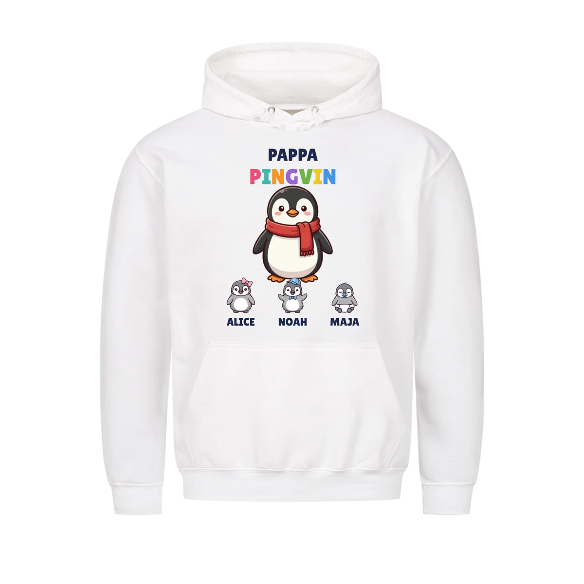 Pappa Pingvin t-shirt med pingvinpappa, barnens namn och små pingvinungar. Personlig present till pappa