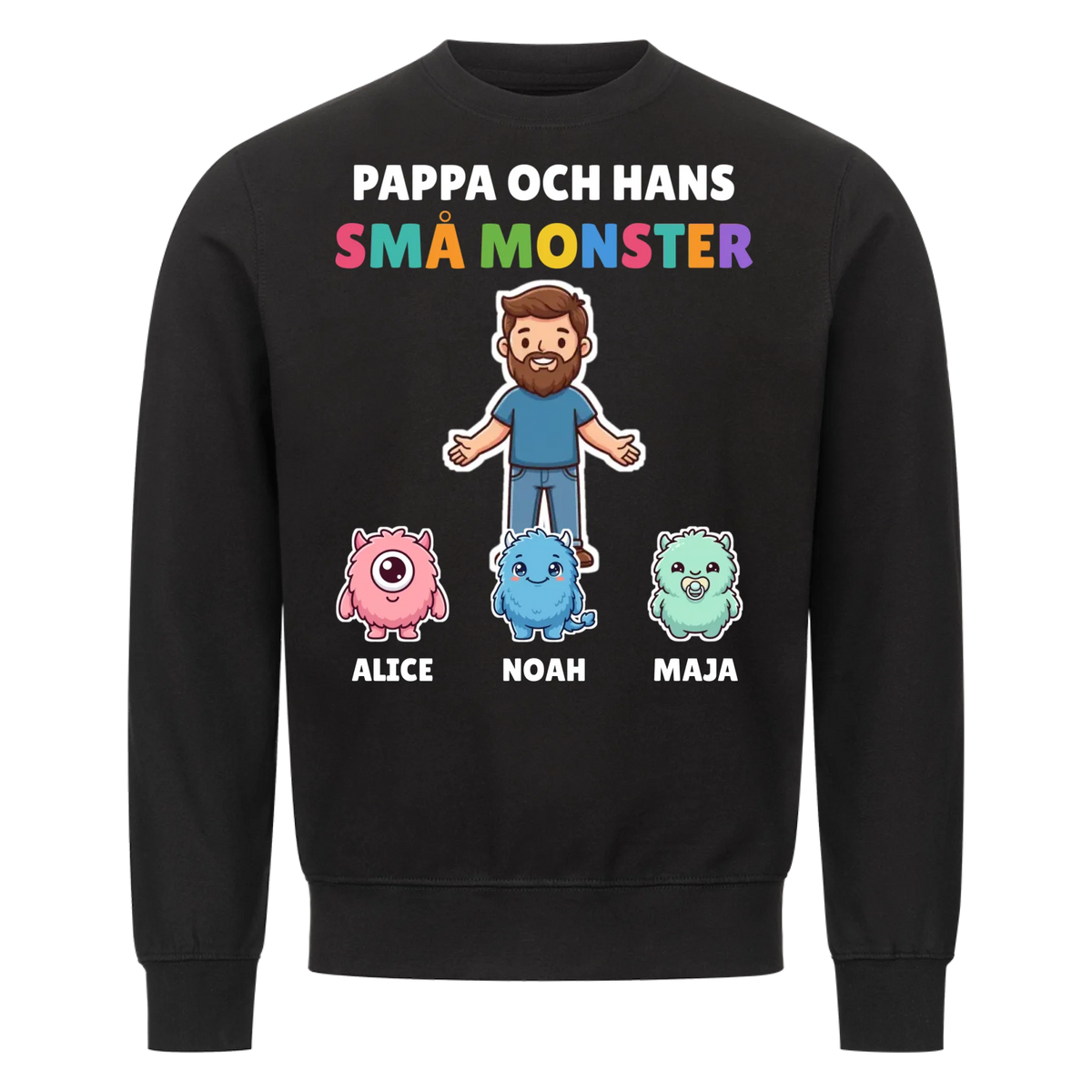 Pappa och hans små monster t-shirt med pappas figur, barnens monster och namn. Personlig present till pappa