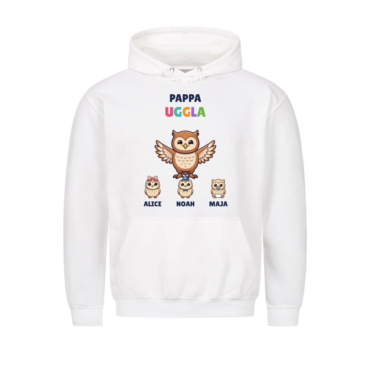 Pappa Uggla t-shirt med ugglepappa, barnens namn och små ugglor. Personlig present till pappa