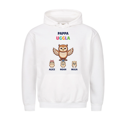 Pappa Uggla t-shirt med ugglepappa, barnens namn och små ugglor. Personlig present till pappa