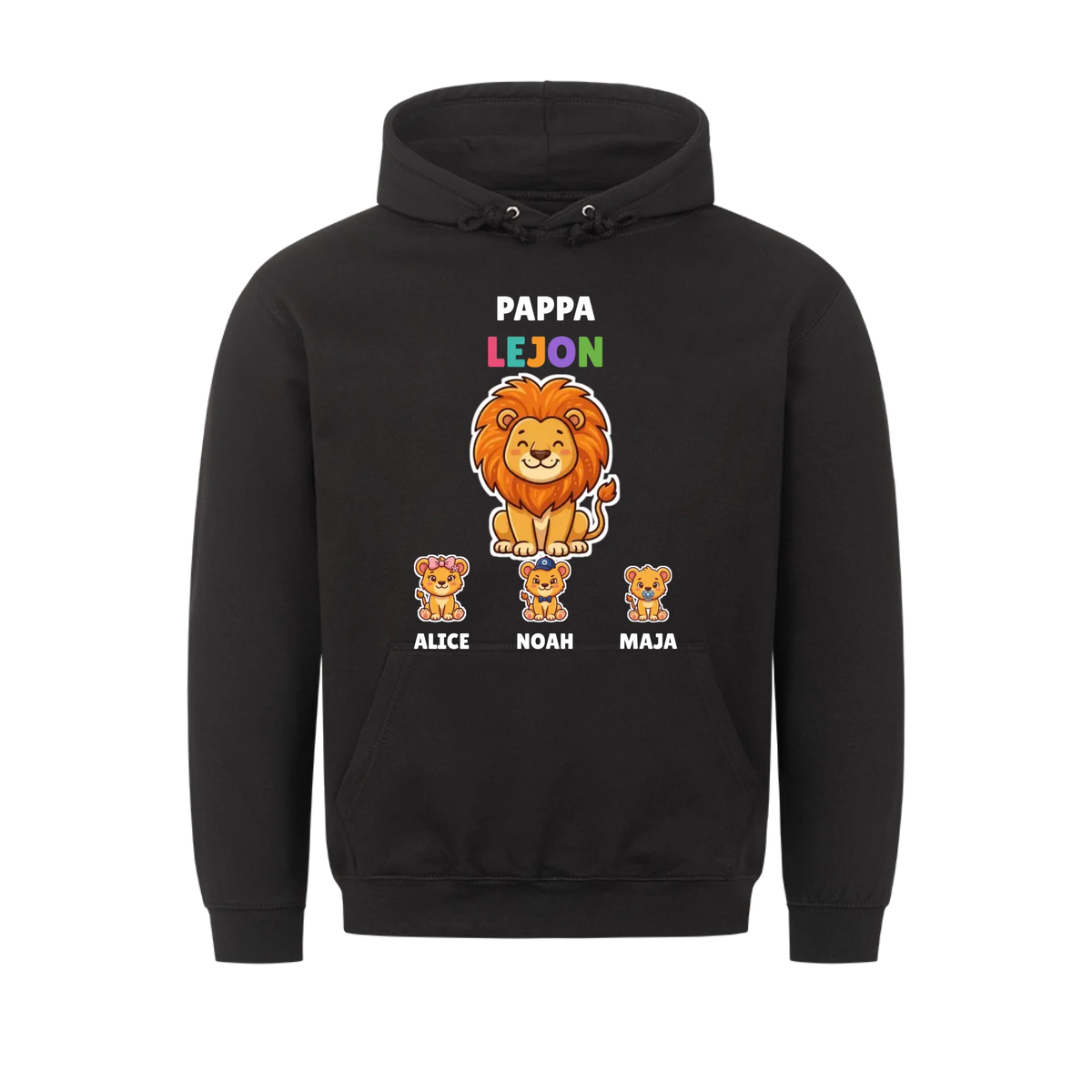 Pappa Lejon t-shirt med lejonpappa, barnens namn och små lejonungar. Personlig present till pappa