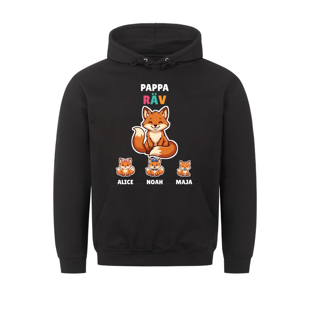 Pappa Räv t-shirt med rävpappa, barnens namn och små rävungar. Personlig present till pappa