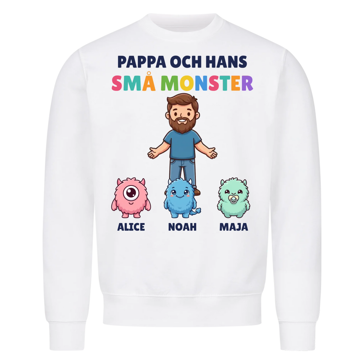Pappa och hans små monster t-shirt med pappas figur, barnens monster och namn. Personlig present till pappa