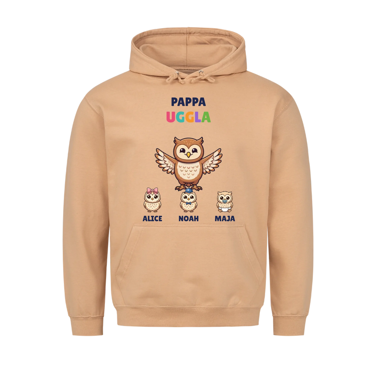 Pappa Uggla t-shirt med ugglepappa, barnens namn och små ugglor. Personlig present till pappa