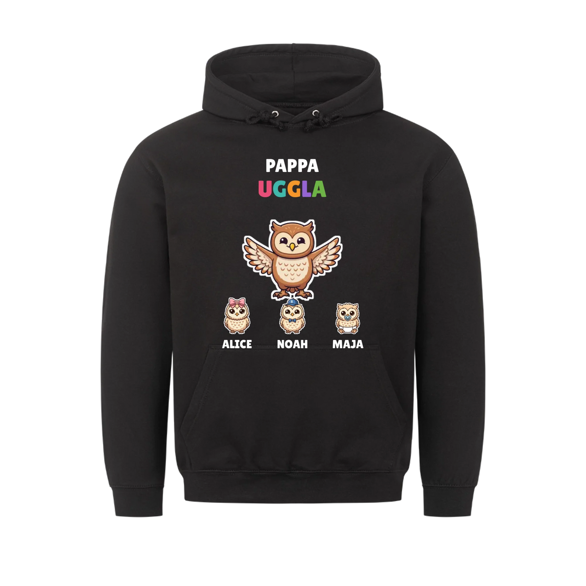 Pappa Uggla t-shirt med ugglepappa, barnens namn och små ugglor. Personlig present till pappa