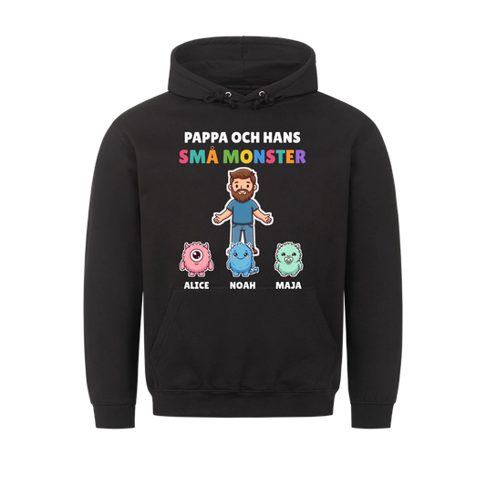 Pappa och hans små monster hoodie med pappas figur, barnens monster och namn. Present till pappa