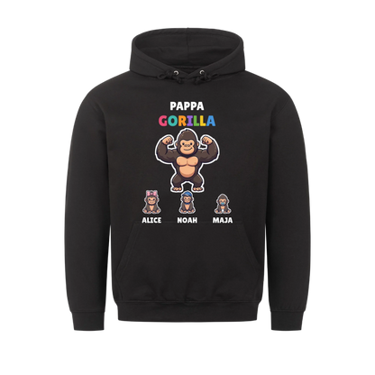 Pappa Gorilla hoodie med gorillapappa, barnens figurer och namn. Present till pappa