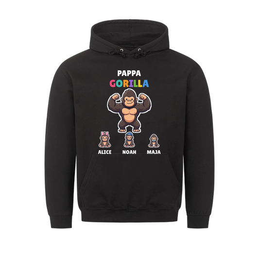 Pappa Gorilla hoodie med gorillapappa, barnens figurer och namn. Present till pappa
