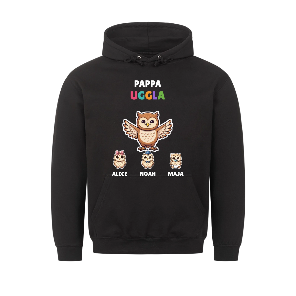 Pappa Uggla hoodie med ugglepappa, barnens figurer och namn. Present till pappa