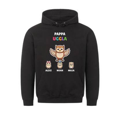 Pappa Uggla hoodie med ugglepappa, barnens figurer och namn. Present till pappa