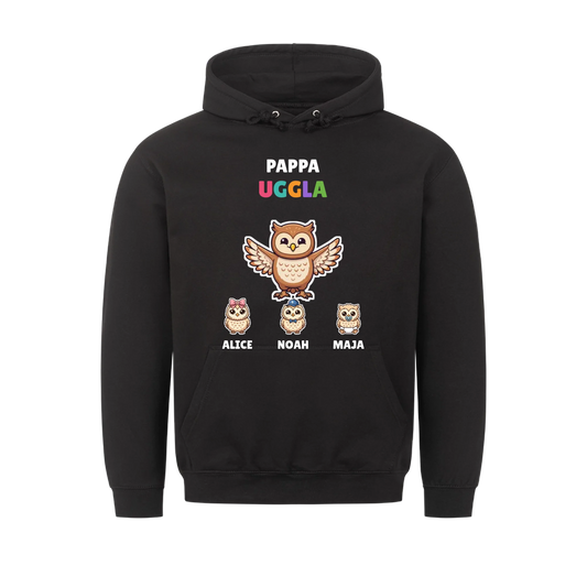 Pappa Uggla hoodie med ugglepappa, barnens figurer och namn. Present till pappa