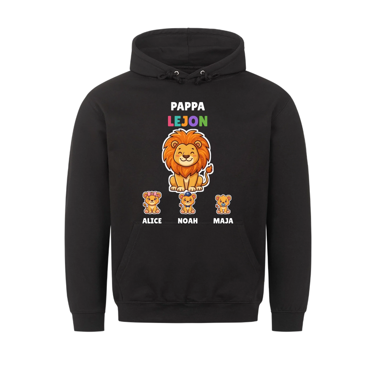 Pappa Lejon hoodie med lejonpappa, barnens figurer och namn. Present till pappa