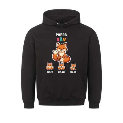 Pappa Räv hoodie med rävpappa, barnens figurer och namn. Present till pappa