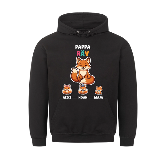 Pappa Räv hoodie med rävpappa, barnens figurer och namn. Present till pappa