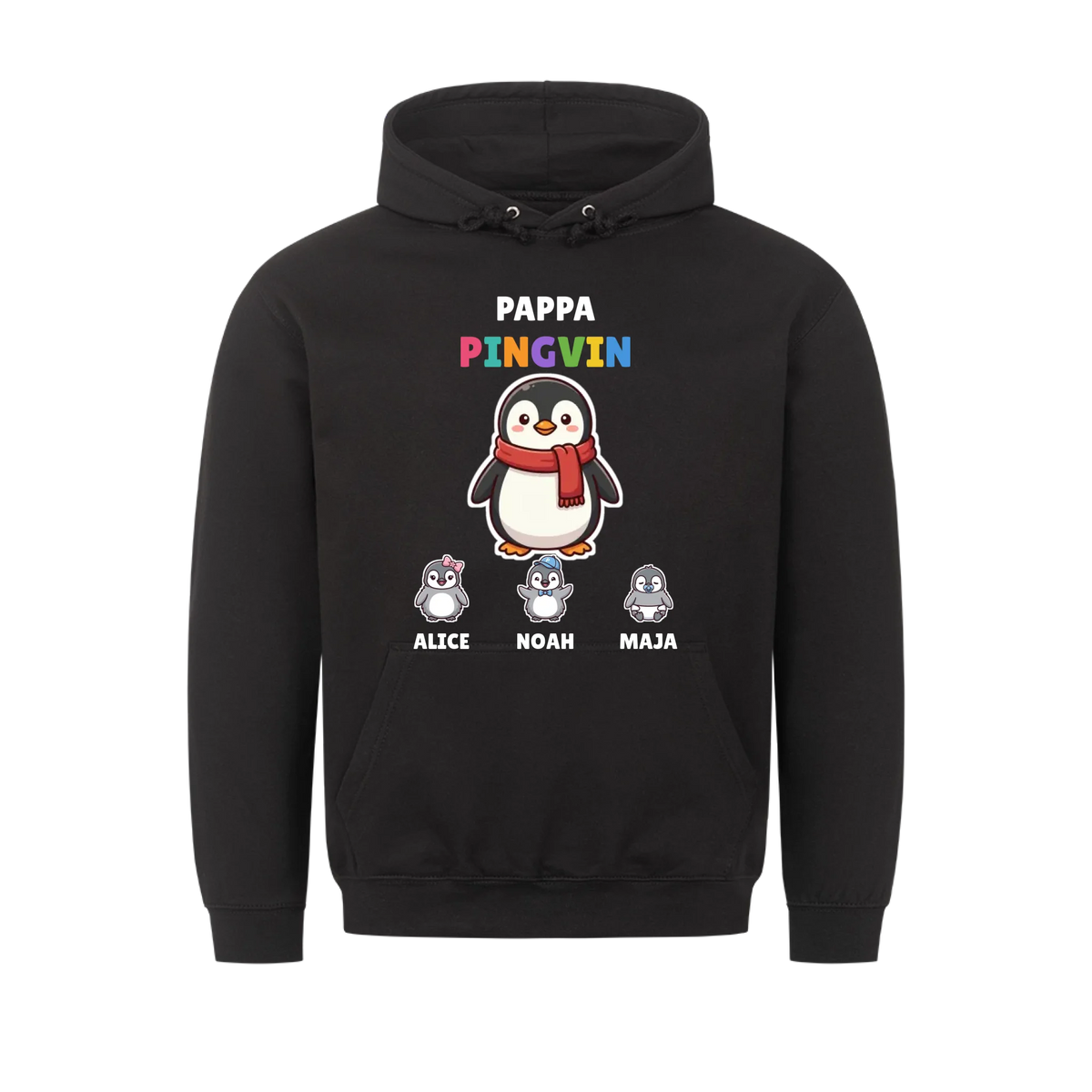 Pappa Pingvin hoodie med pingvinpappa, barnens figurer och namn. Present till pappa