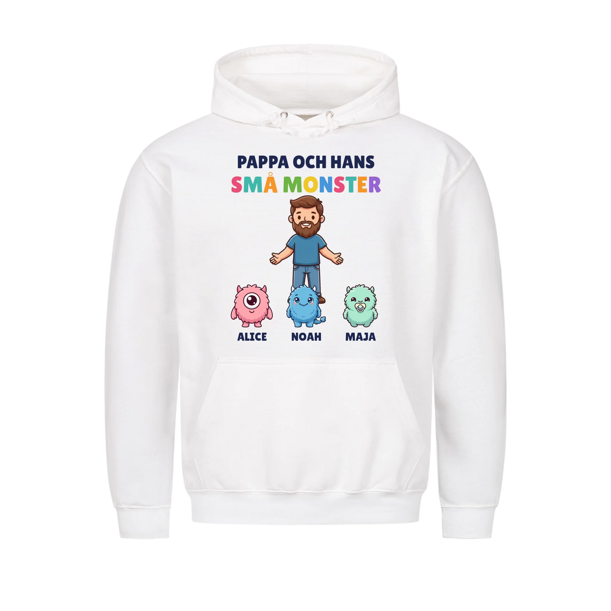 Pappa och hans små monster hoodie med pappas figur, barnens monster och namn. Present till pappa