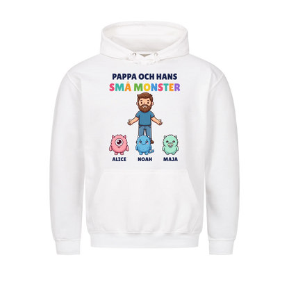Pappa och hans små monster hoodie med pappas figur, barnens monster och namn. Present till pappa