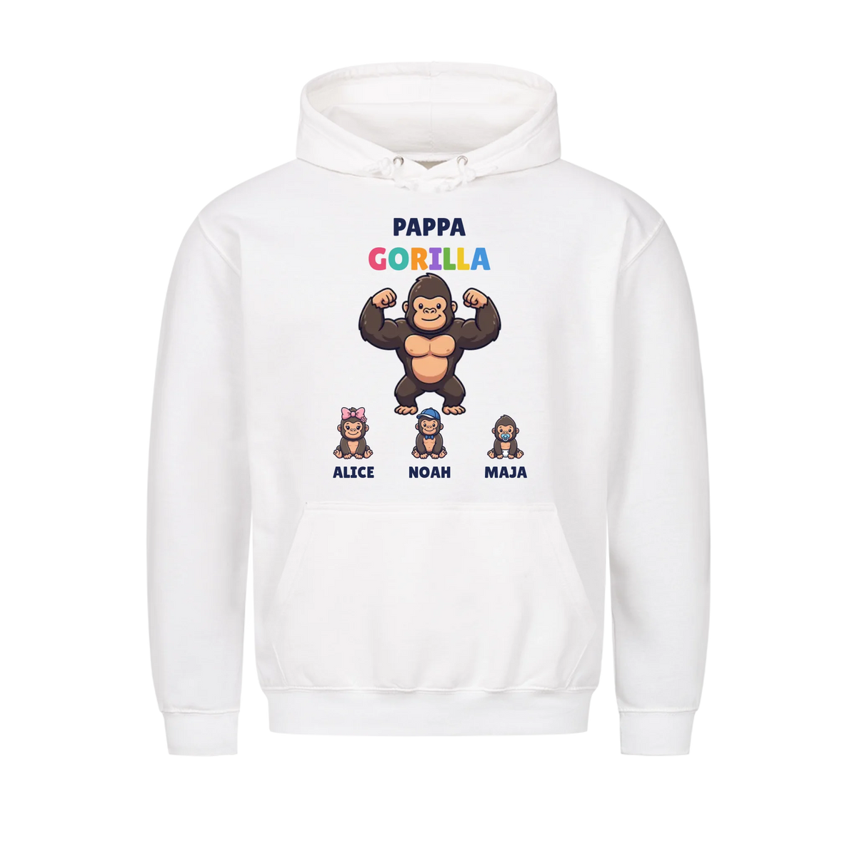 Pappa Gorilla hoodie med gorillapappa, barnens figurer och namn. Present till pappa
