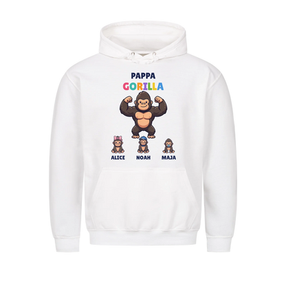 Pappa Gorilla hoodie med gorillapappa, barnens figurer och namn. Present till pappa