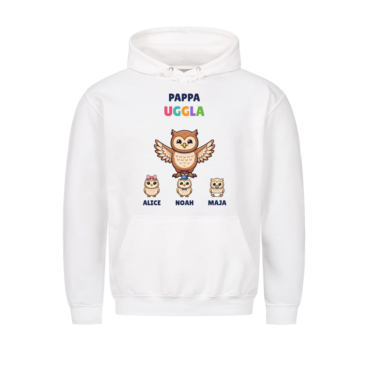 Pappa Uggla hoodie med ugglepappa, barnens figurer och namn. Present till pappa