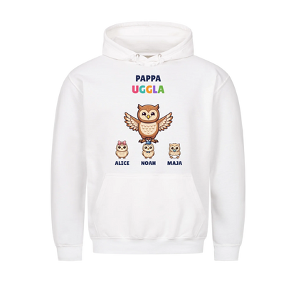 Pappa Uggla hoodie med ugglepappa, barnens figurer och namn. Present till pappa