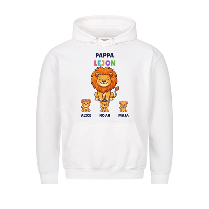 Pappa Lejon hoodie med lejonpappa, barnens figurer och namn. Present till pappa