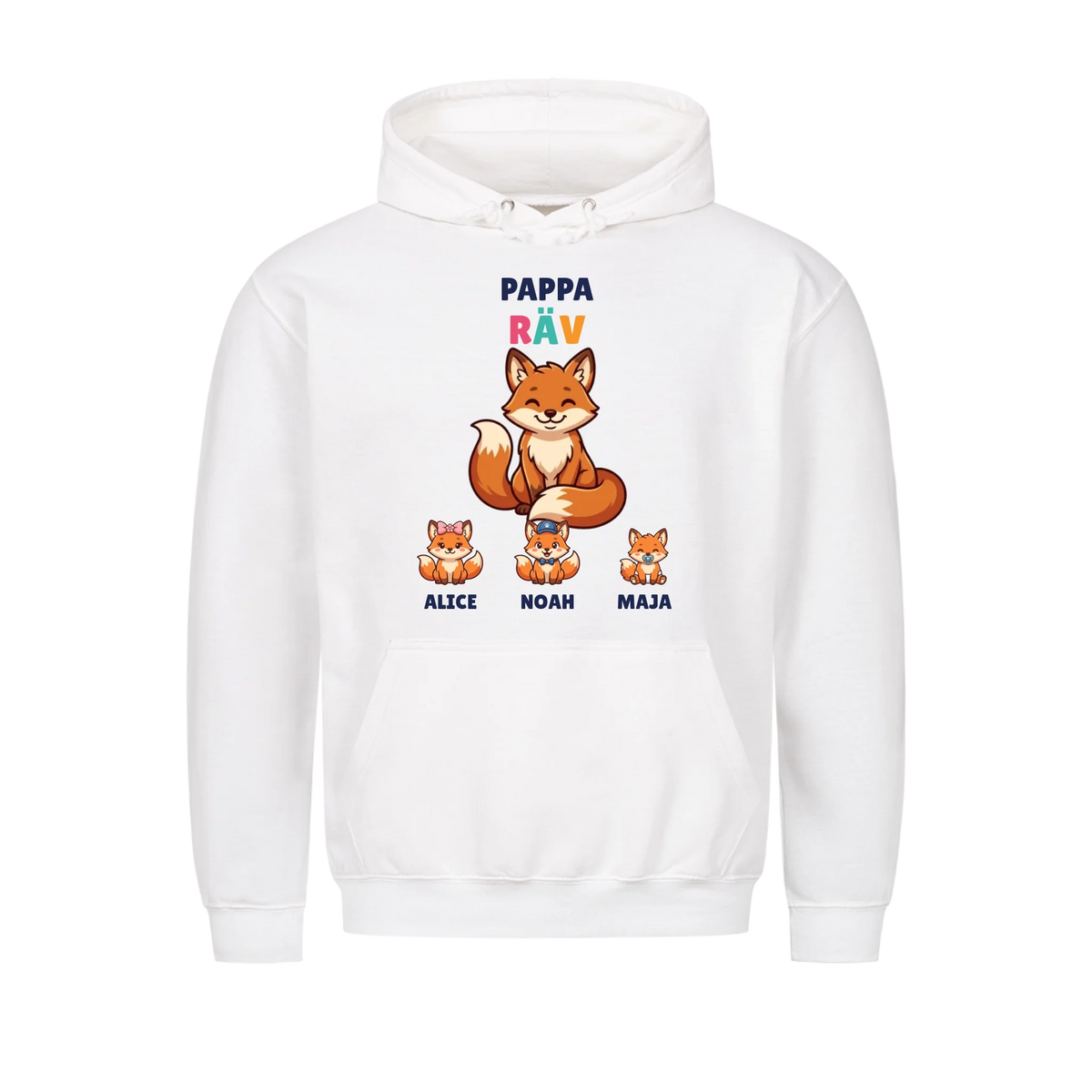 Pappa Räv hoodie med rävpappa, barnens figurer och namn. Present till pappa