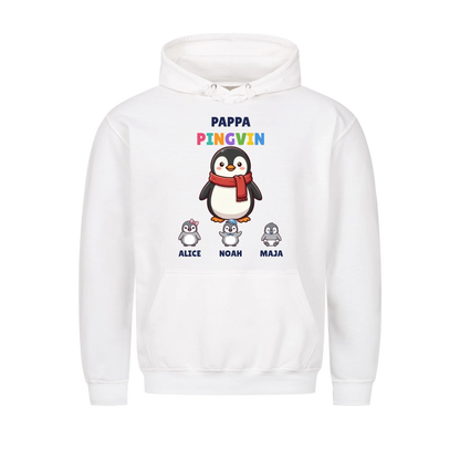 Pappa Pingvin hoodie med pingvinpappa, barnens figurer och namn. Present till pappa