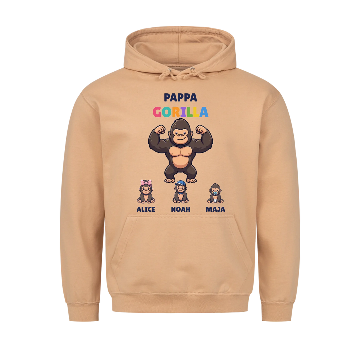 Pappa Gorilla hoodie med gorillapappa, barnens figurer och namn. Present till pappa