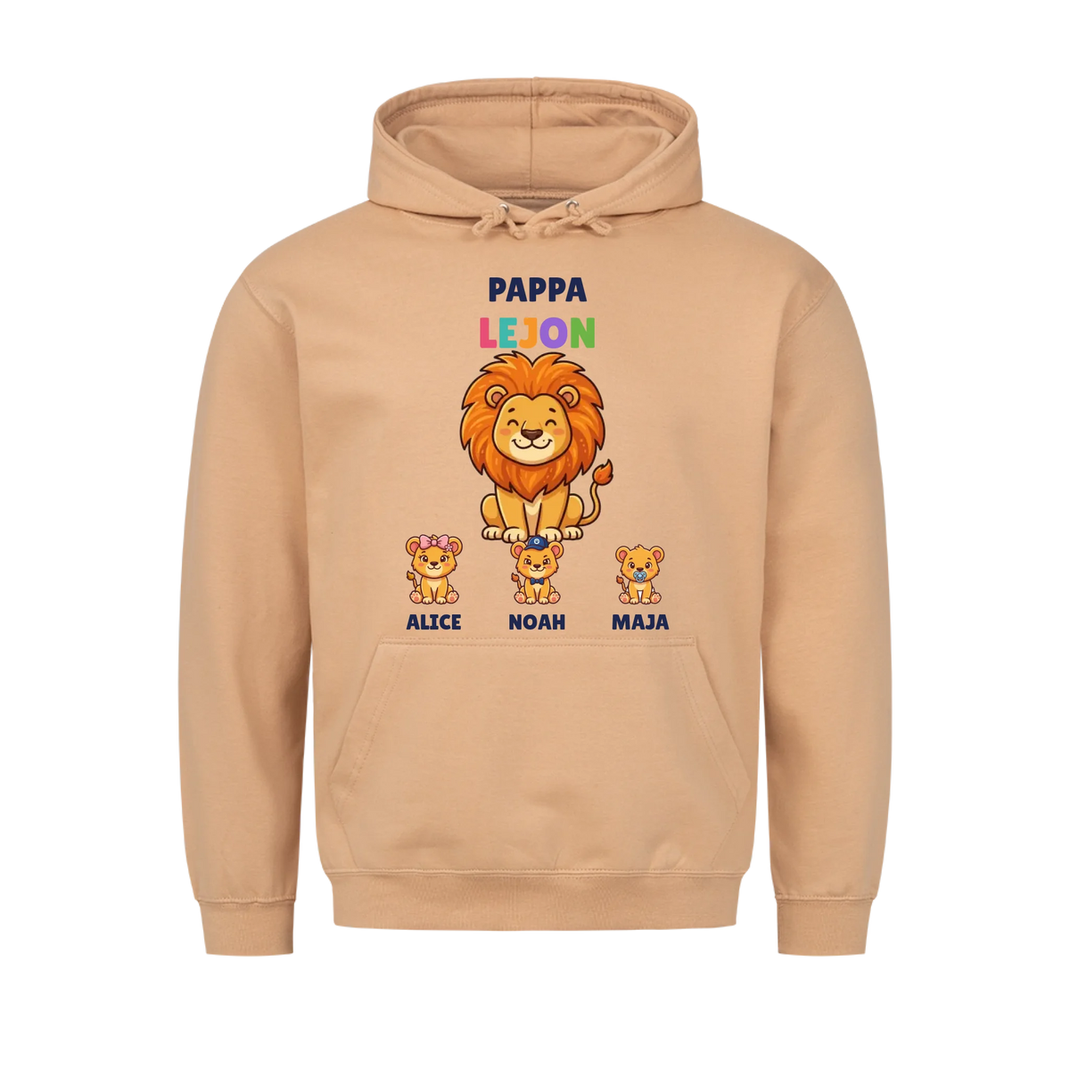 Pappa Lejon hoodie med lejonpappa, barnens figurer och namn. Present till pappa