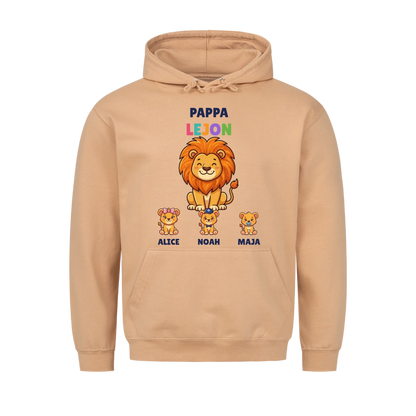 Pappa Lejon hoodie med lejonpappa, barnens figurer och namn. Present till pappa