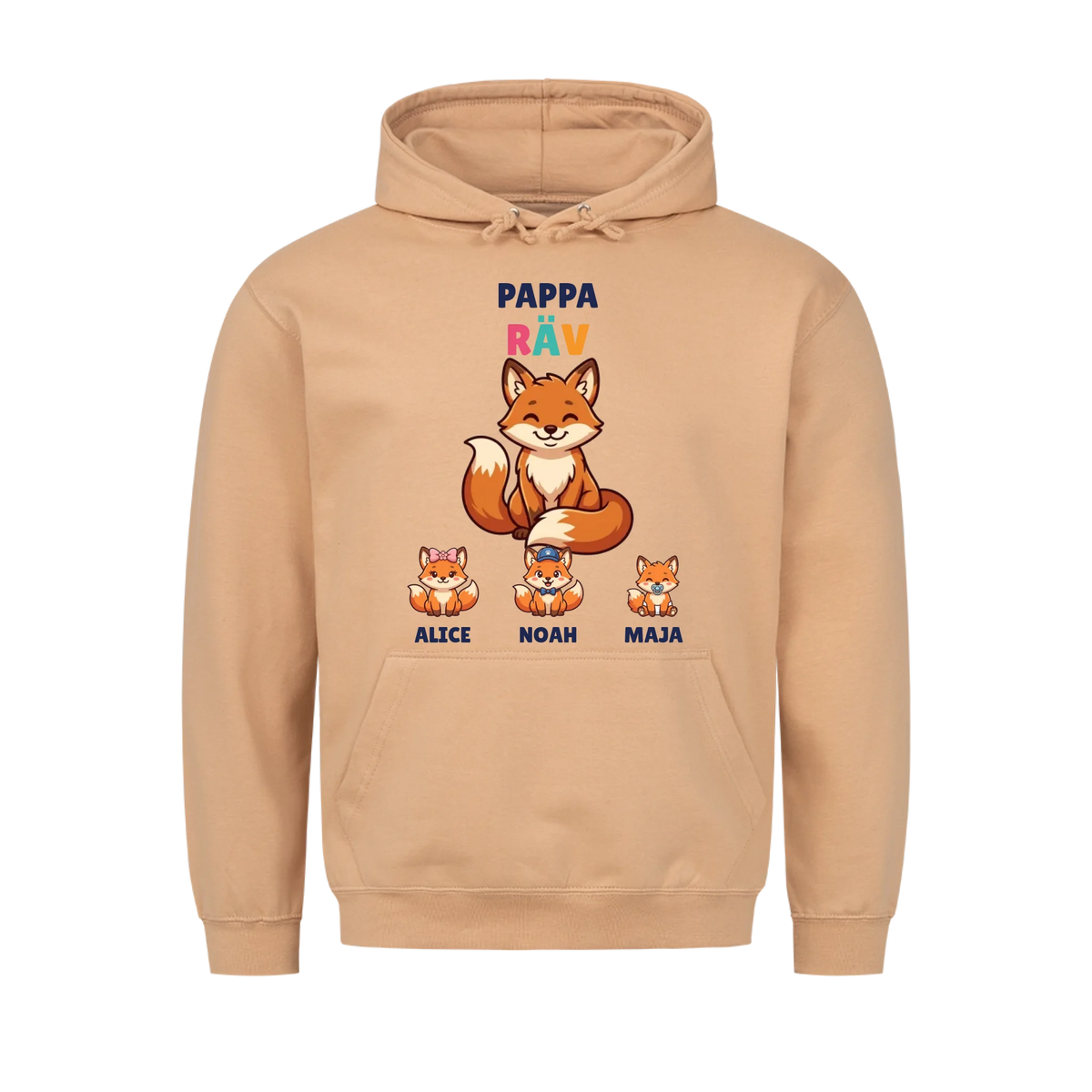 Pappa Räv hoodie med rävpappa, barnens figurer och namn. Present till pappa