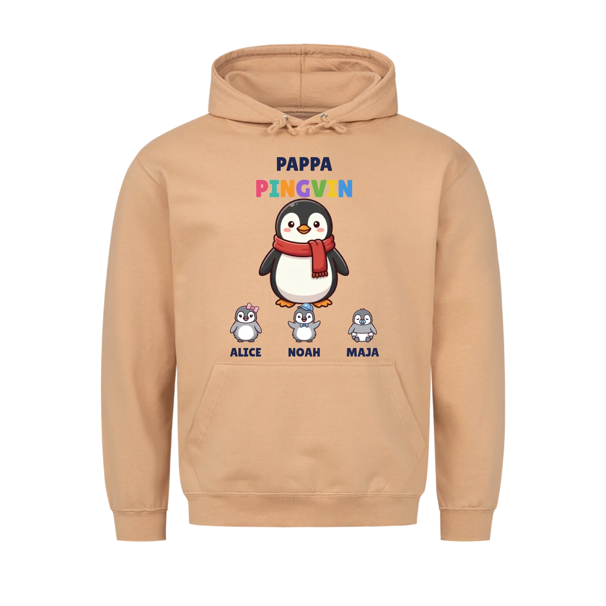 Pappa Pingvin hoodie med pingvinpappa, barnens figurer och namn. Present till pappa
