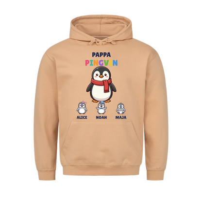 Pappa Pingvin hoodie med pingvinpappa, barnens figurer och namn. Present till pappa