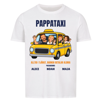 Pappataxi t-shirt med ditt foto som tecknad taxipappa och barnens namn. Personlig present till pappa