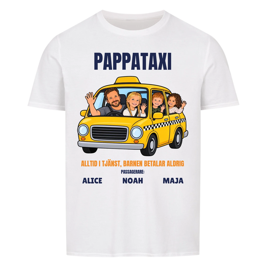 Pappataxi t-shirt med ditt foto som tecknad taxipappa och barnens namn. Personlig present till pappa