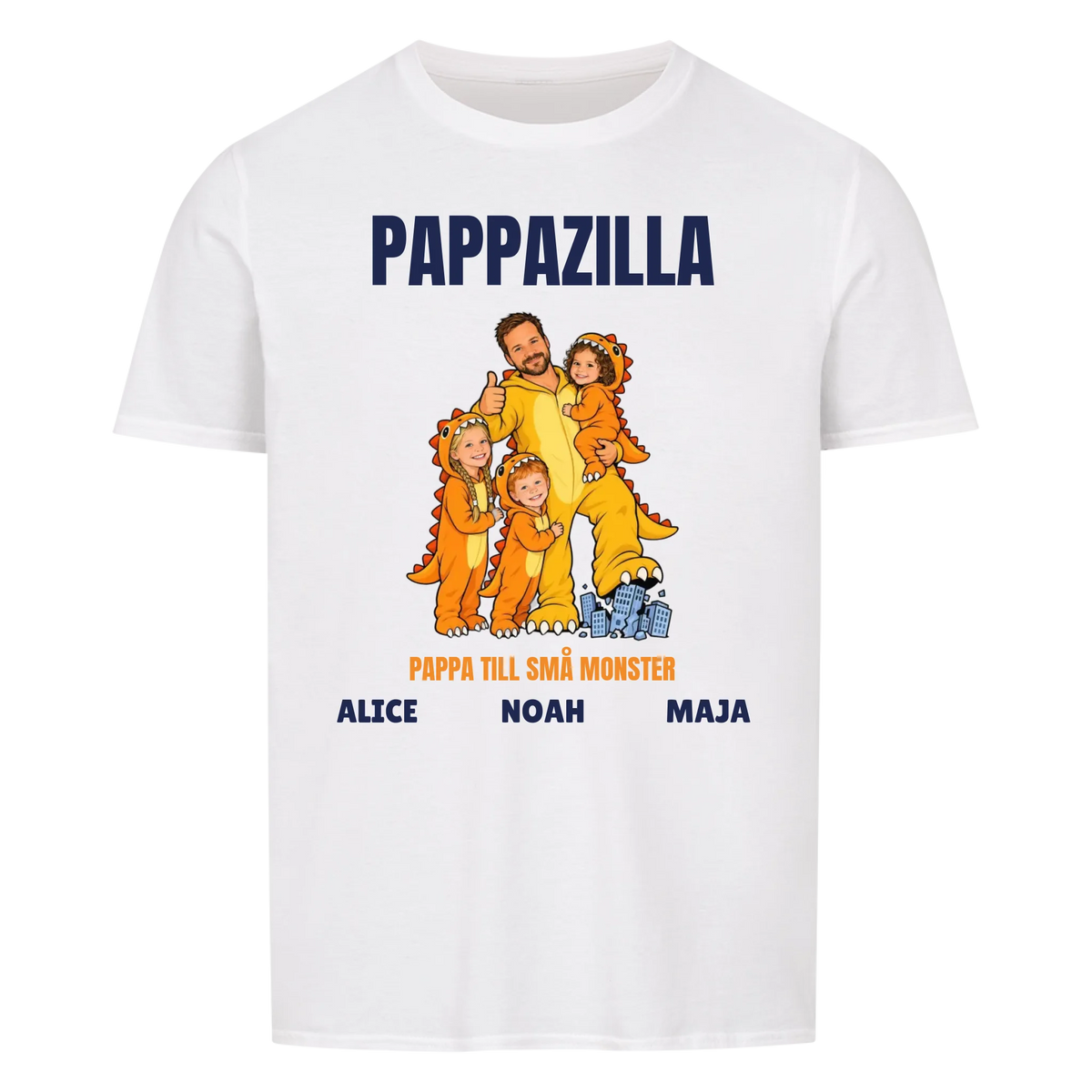 Pappazilla t-shirt med ditt foto som tecknad monsterpappa och barnens namn. Personlig present till pappa