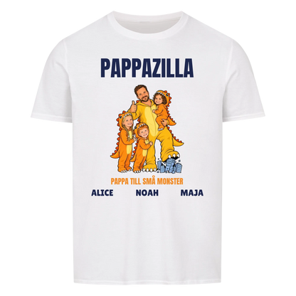 Pappazilla t-shirt med ditt foto som tecknad monsterpappa och barnens namn. Personlig present till pappa