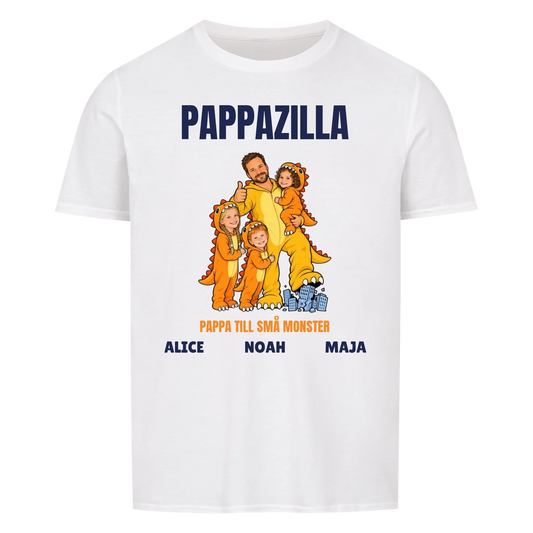 Pappazilla t-shirt med ditt foto som tecknad monsterpappa och barnens namn. Personlig present till pappa