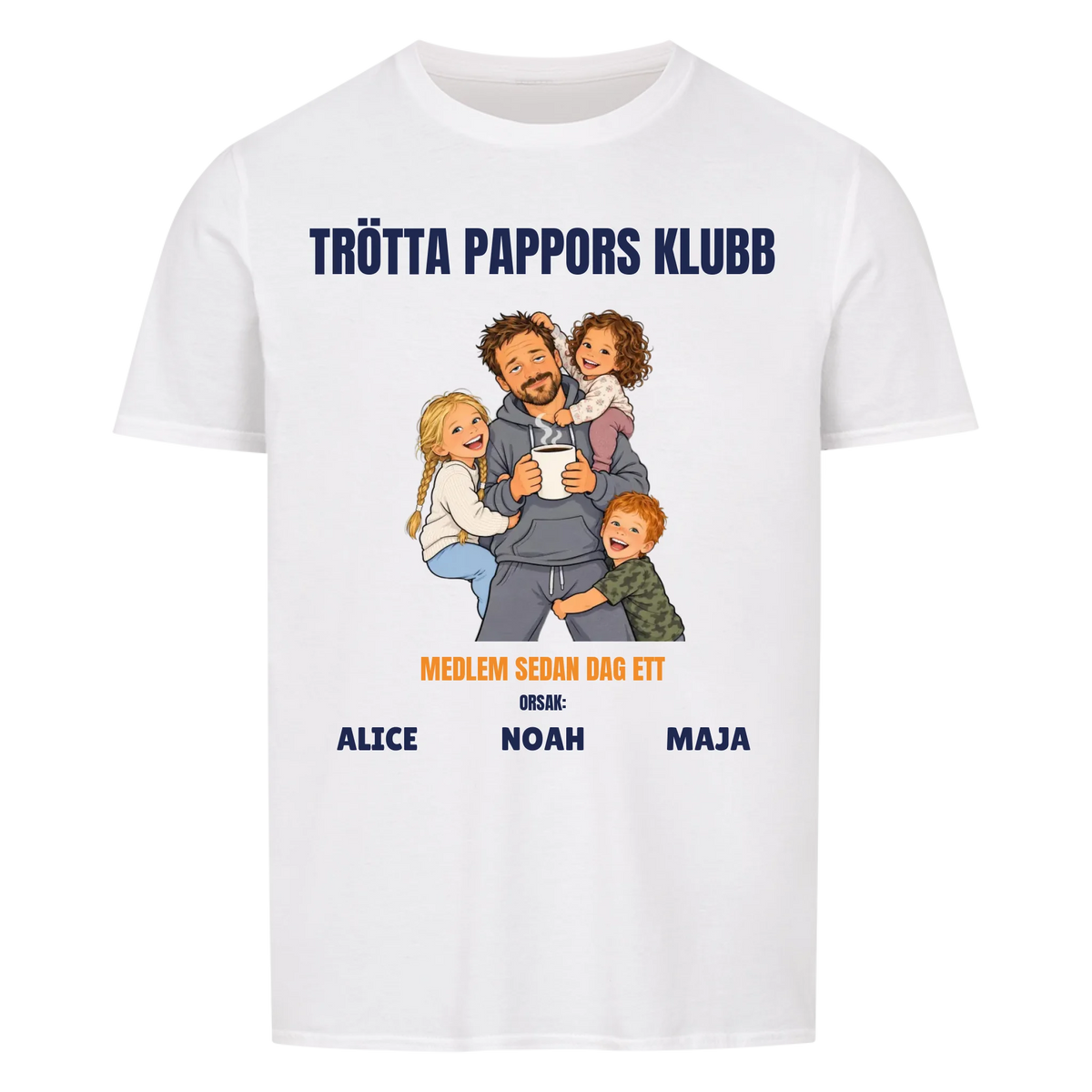 Trötta pappors klubb t-shirt med ditt foto som tecknad pappa och barnens namn. Rolig present till pappa