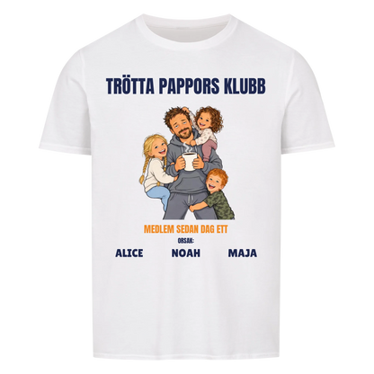 Trötta pappors klubb t-shirt med ditt foto som tecknad pappa och barnens namn. Rolig present till pappa
