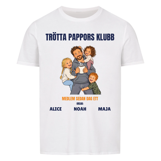 Trötta pappors klubb t-shirt med ditt foto som tecknad pappa och barnens namn. Rolig present till pappa