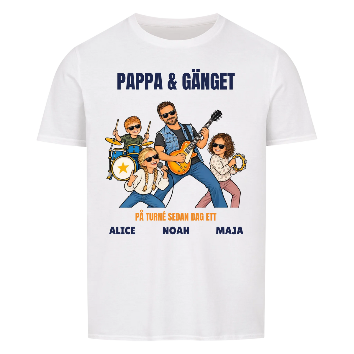 Pappa och gänget t-shirt med ditt foto som tecknat rockband och barnens namn. Personlig present till pappa