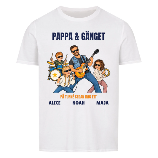 Pappa och gänget t-shirt med ditt foto som tecknat rockband och barnens namn. Personlig present till pappa