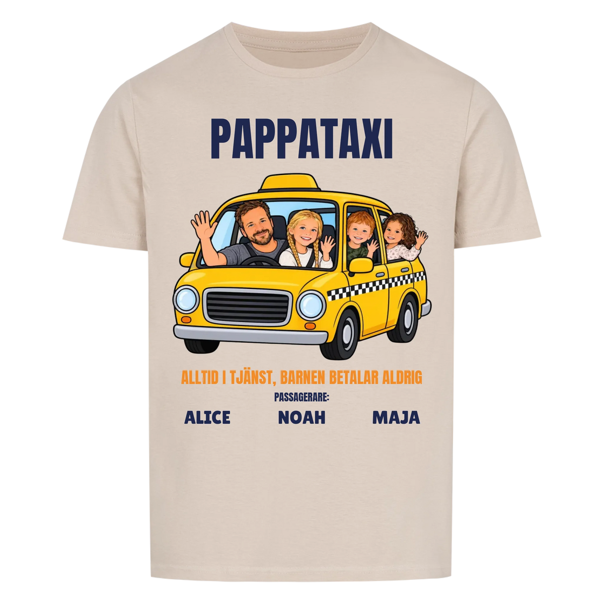 Pappataxi t-shirt med ditt foto som tecknad taxipappa och barnens namn. Personlig present till pappa