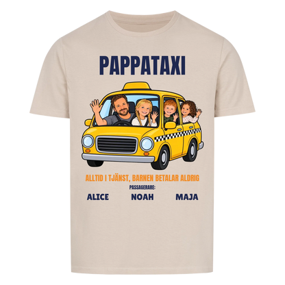 Pappataxi t-shirt med ditt foto som tecknad taxipappa och barnens namn. Personlig present till pappa