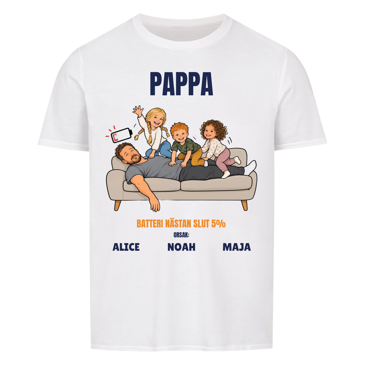 Pappa batteri 5% t-shirt med ditt foto som tecknad trött pappa och barnens namn. Rolig present till pappa