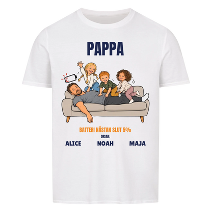 Pappa batteri 5% t-shirt med ditt foto som tecknad trött pappa och barnens namn. Rolig present till pappa
